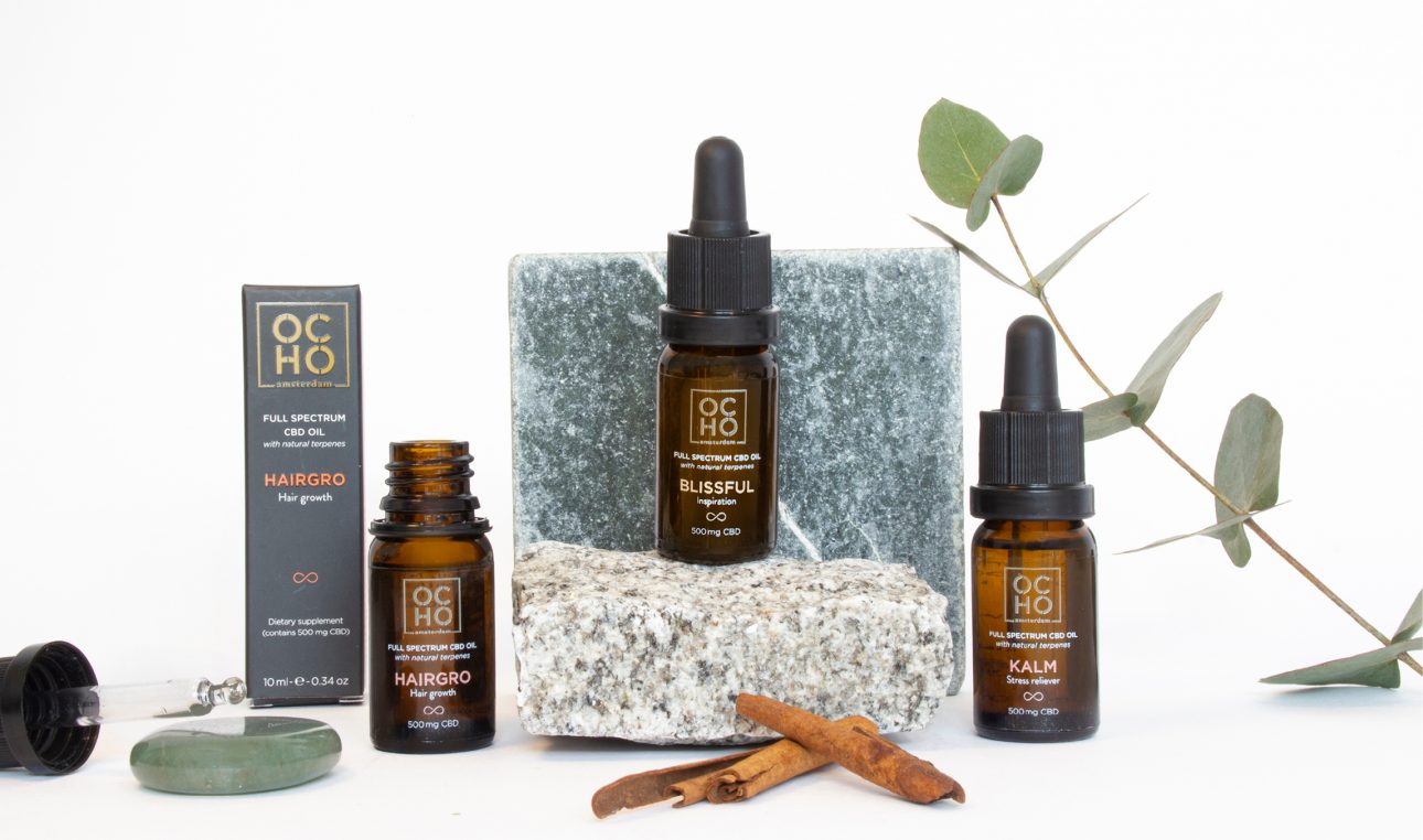 Ocho CBD oils packaging design and set composition